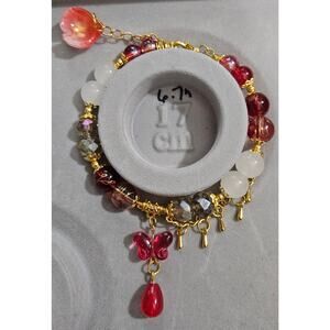 Red/ White Wire Bracelet with Gold Dangle and Butterfly Dangle #180
